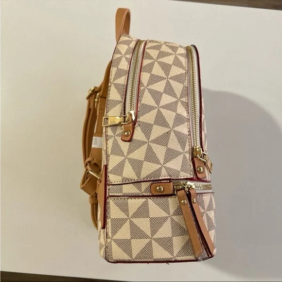 Designer Style Medium Backpack + Matching Wallet Set Tan Brown Geometric Print - Picture 3 of 9